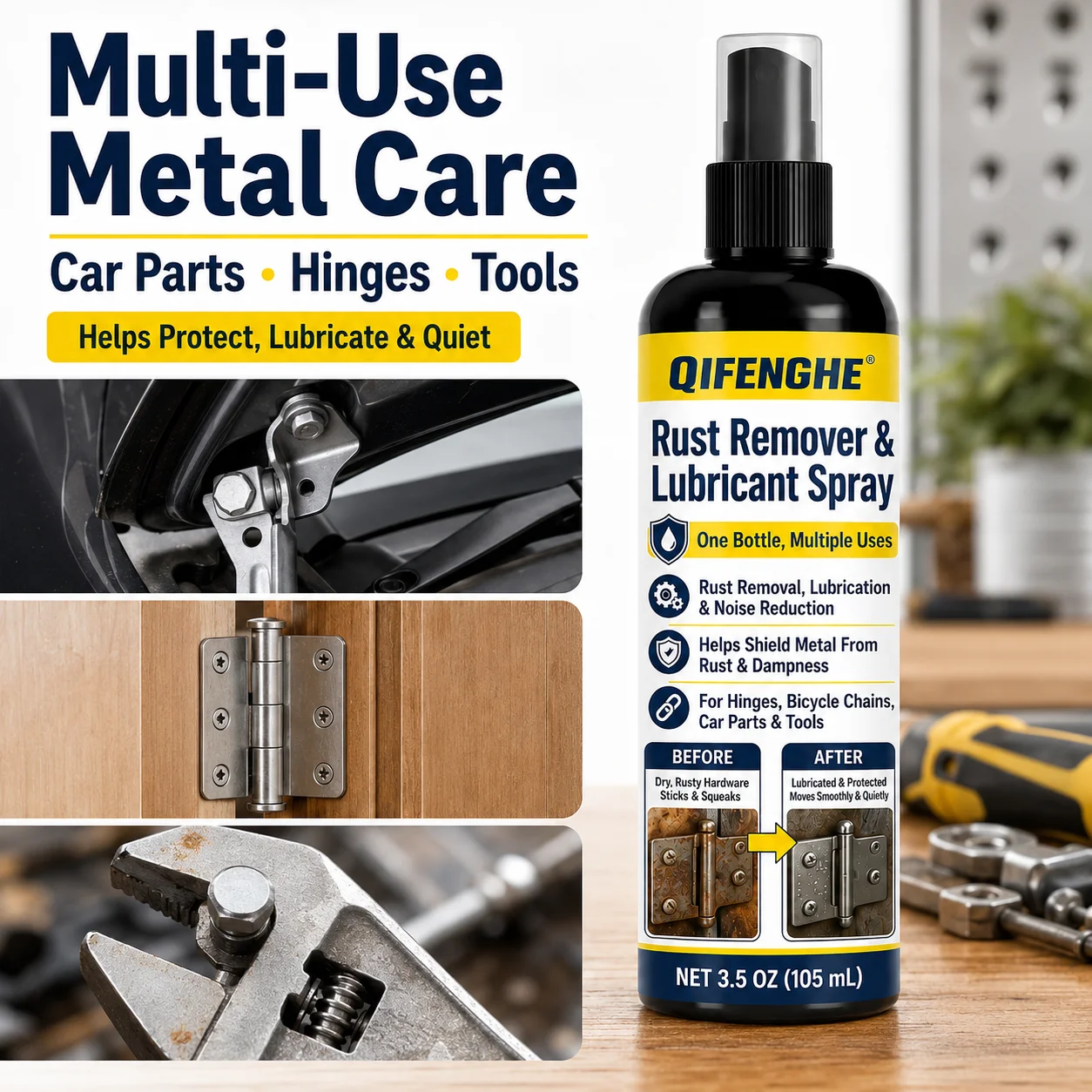 Metal Polish & Rust Remover, Restore Shine, Long-Lasting Anti-Rust Coating, for Car Wheels, Railings & Tools