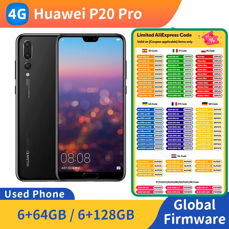 هواوي P20 Pro 4g الهاتف الذكي وحدة المعالجة المركزية كيرين 970 شاشة 6.1 بوصة 40MP كاميرا 4000mAh بطارية أندرويد الأصلي الهاتف المستخدم