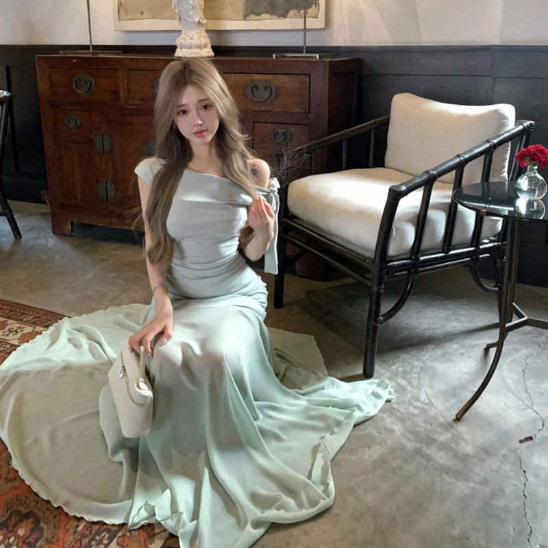 النمط الفرنسي الأخضر خارج الكتف فستان طويل المرأة شاطئ البحر عطلة شبكة المرقعة فساتين ماكسي