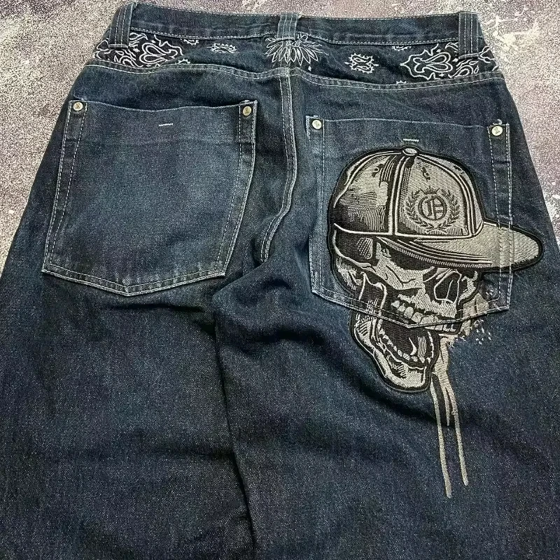 Fashion Trend Skull Embroidered Jeans Women Harajuku Y2K New Hip Hop Joker Straight Wide-leg Pants Couple Casual Jeans