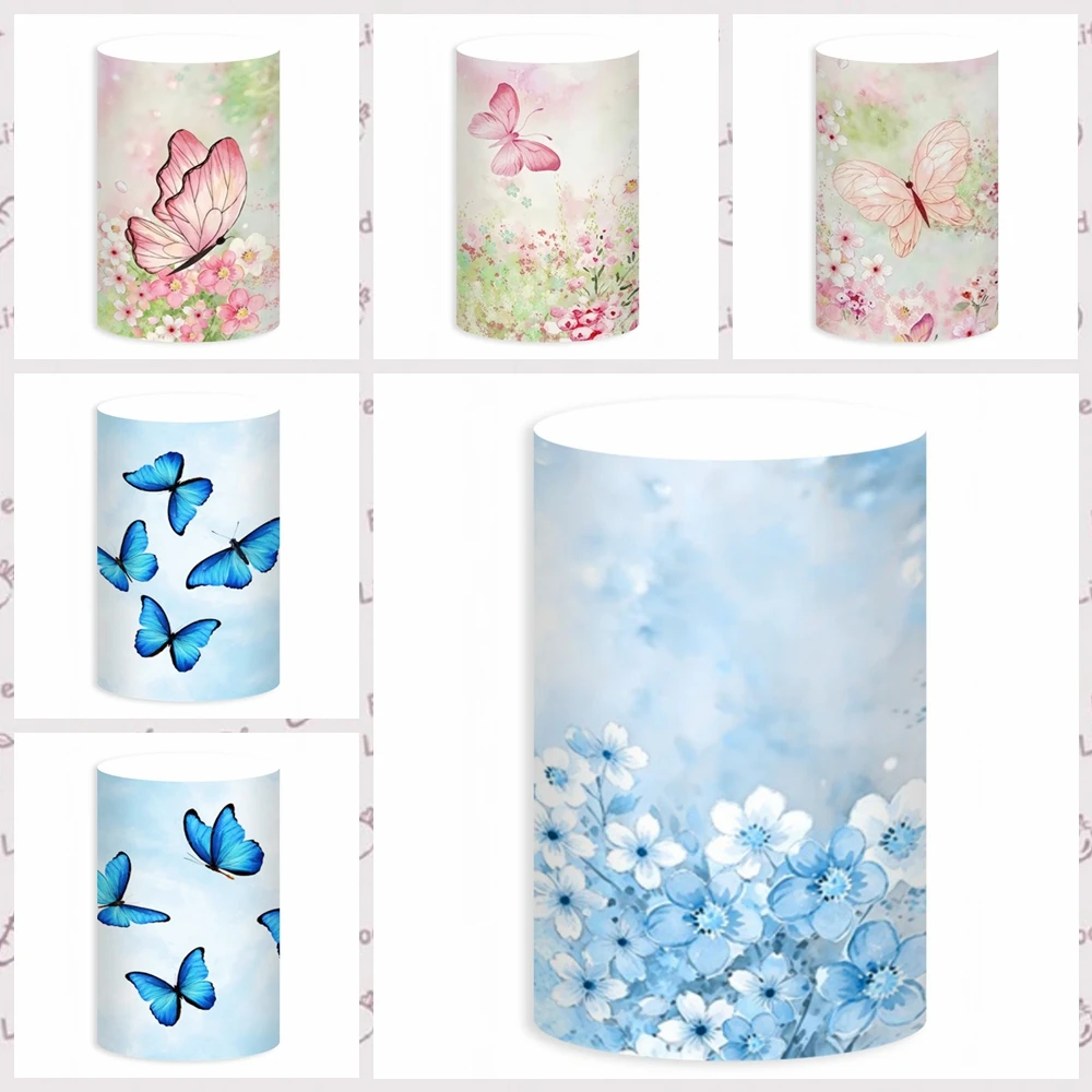 

Butterfly Flowers Cylinder Pedestal Stand Covers for Girls Wedding Birthday Party Event Decor Baby Shower Cake Column Backdrop