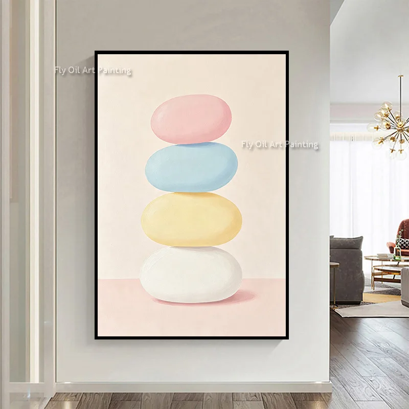 Abstract Stacked Pebbles Handpainted Canvas Oil Painting Soft Macaron Color Balance Stone Wall Art  Modern Serene Decor For Hall