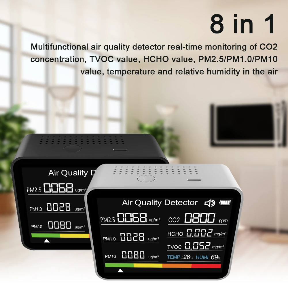 8 w 1 Monitor jakości powietrza CO2 detektor dwutlenku węgla CO2 TVOC HCHO PM2.5 pm1, 0 PM10 wykrywanie wilgotności w temperaturze