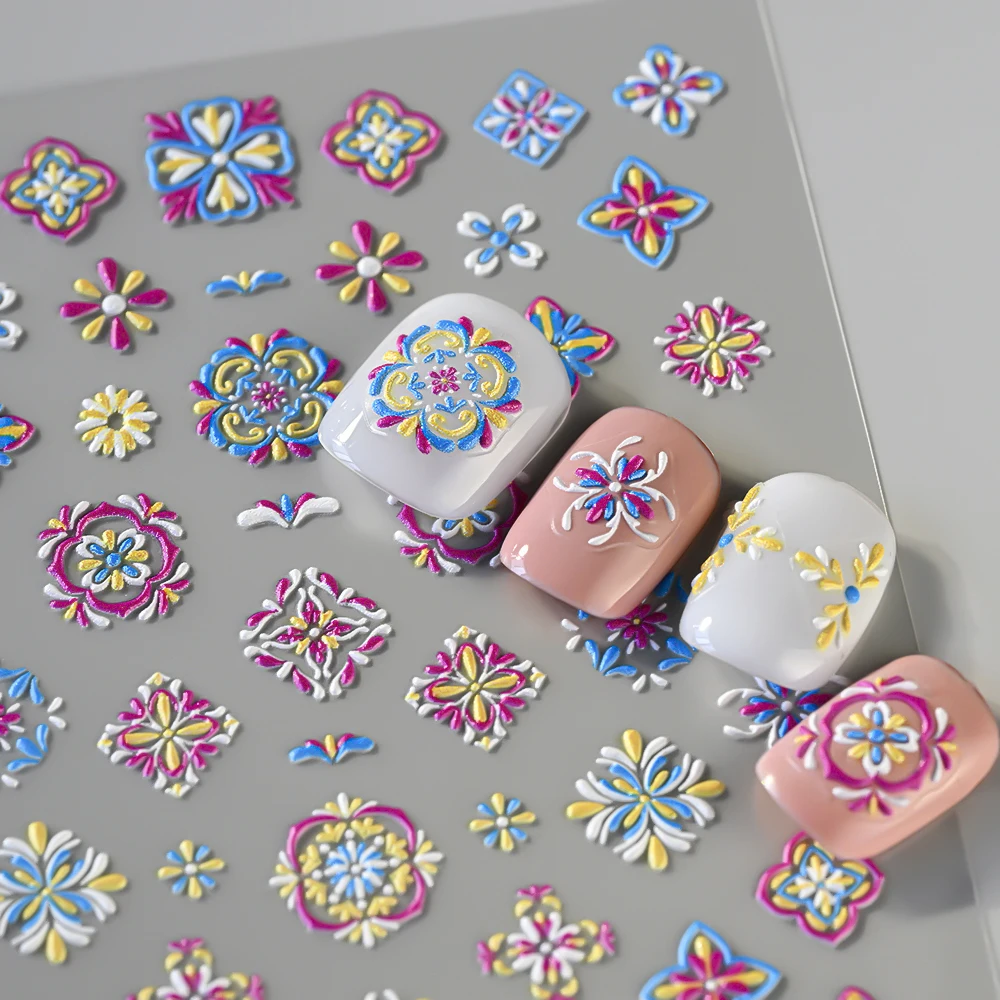 1pcs 5D Relief Boheemse Nail Art Stickers, Chique Bloemen Elegant Borduren Totem Boho Design Nagelbenodigdheden Decoratie Accessoires