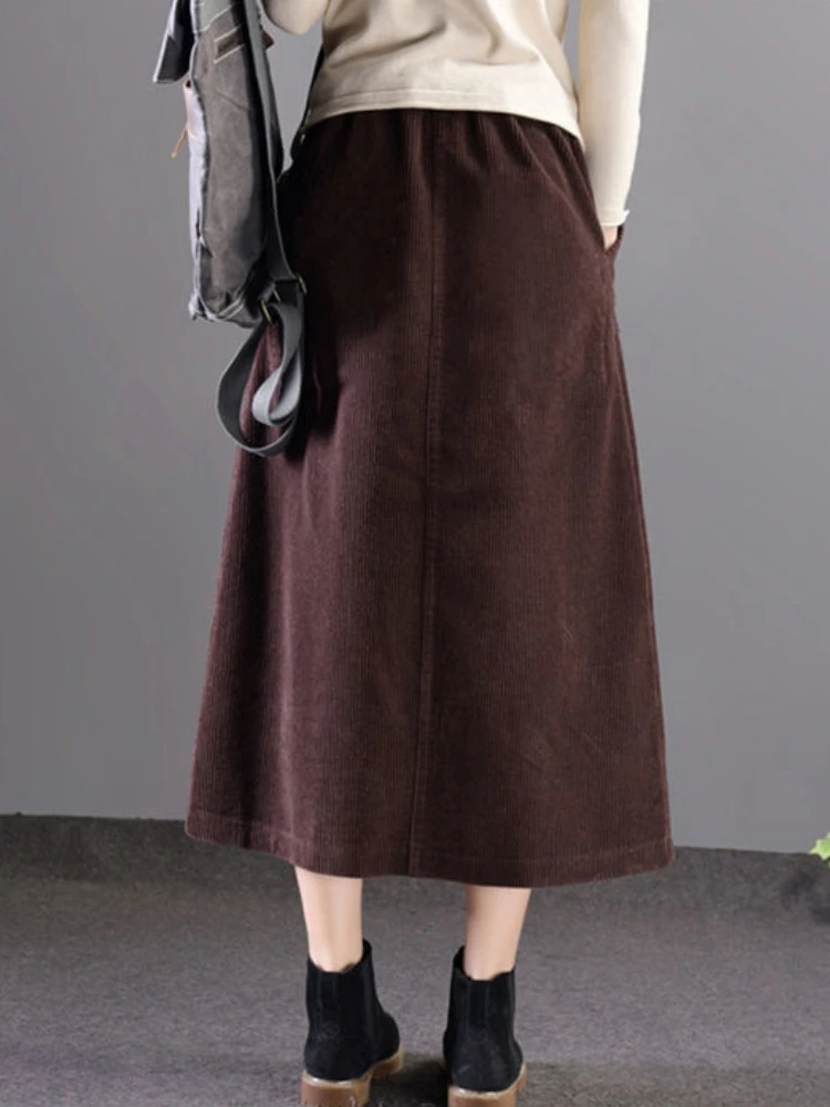 Corduroy Skirts Women S-4XL Retro Simple Casual Basic Pure Ulzzang Trendy Temperament Empire Female All-match Autumn Midi Faldas