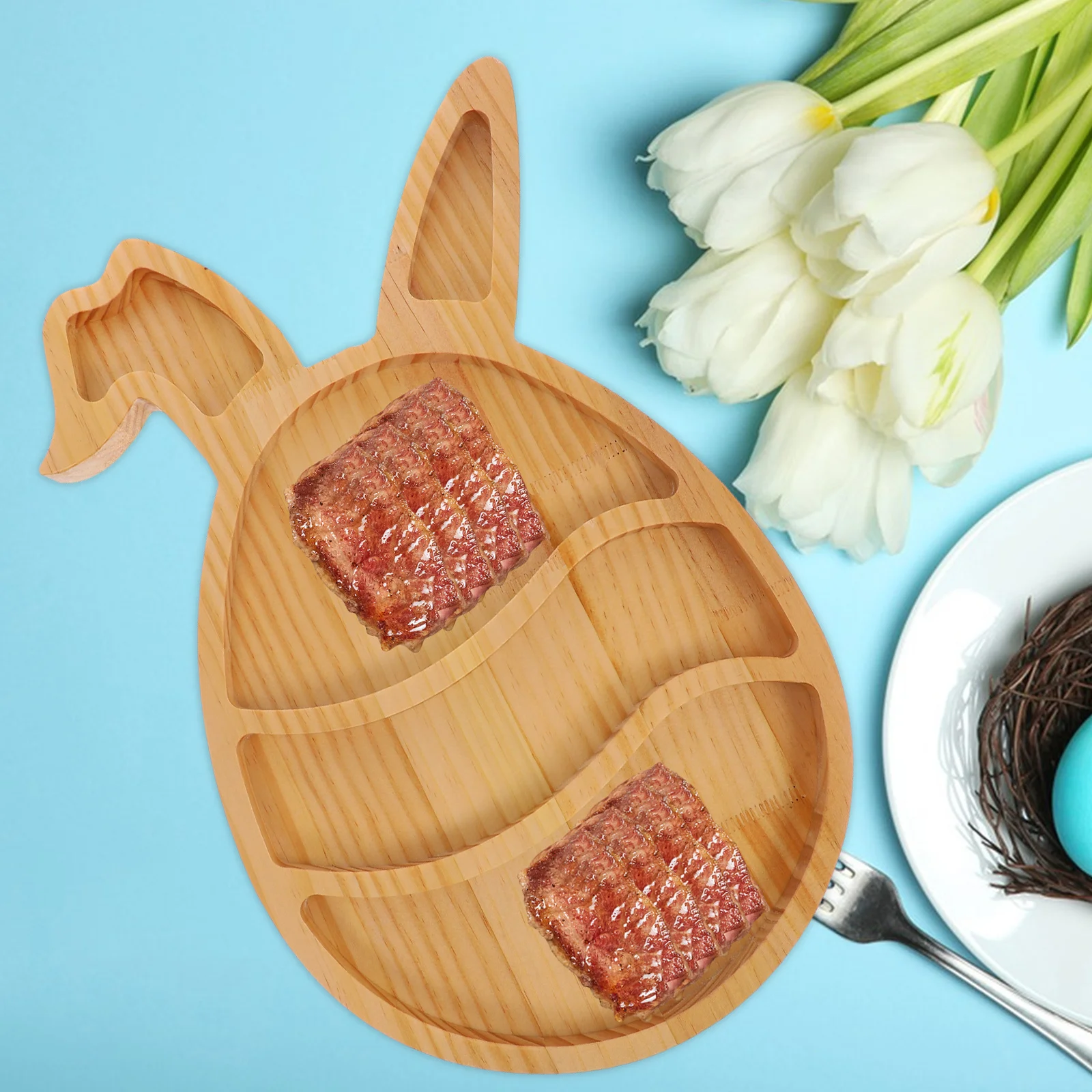 

Wooden Bunny Easter Serving Tray Farmhouse Rabbit Shape Appetizer Charcuterie Snack Board Holiday Party Presentation