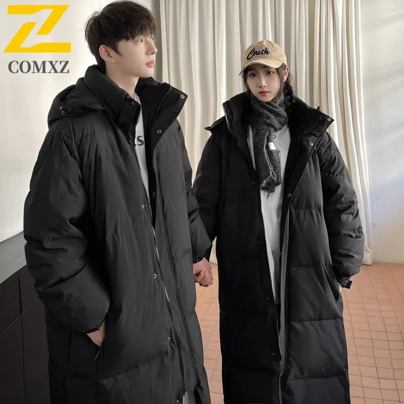 COMXZ Men's Winter Jacket New Hong Kong Trendy Brand Loose Long Thick Warm Skiing Puffer Jacket Snowy Cold-Resistant Down Jacket