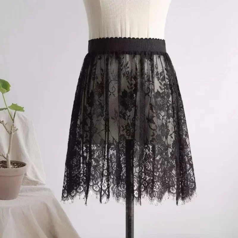 Mini jupe en maille de dentelle transparente pour femmes, taille haute élastique, jupes en tulle noir et blanc, mode coréenne, sexy