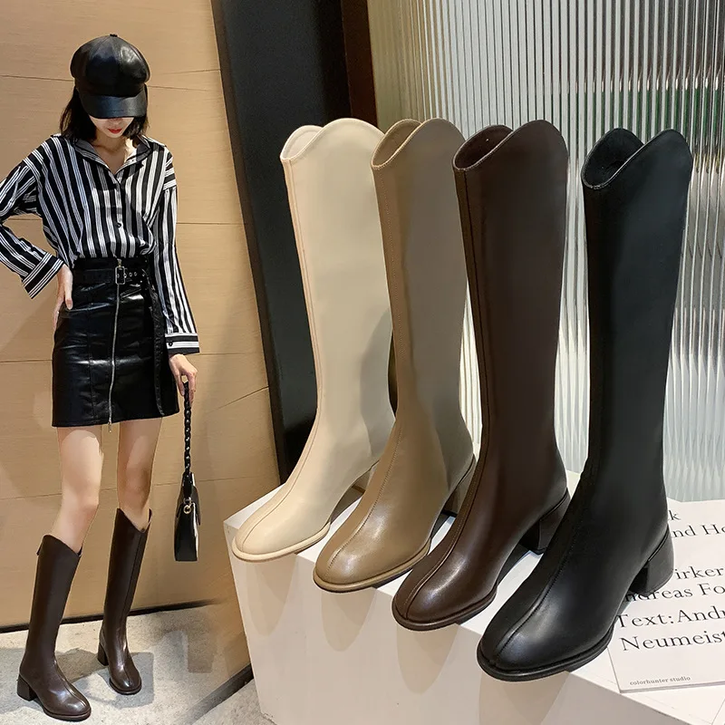 2023 New Winter Style with Fleece Medium Chunky Heel Knight Boots Women's High Tube Thinner-looked High Heel Shorty Long Boots