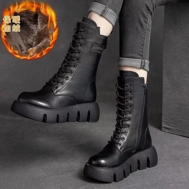 Fashion Women's Leather Boots High Top Casual Cotton Boot Plush Warm Winter Boots for Women Non Slip Platform Boots Botas Mujer - Image 5