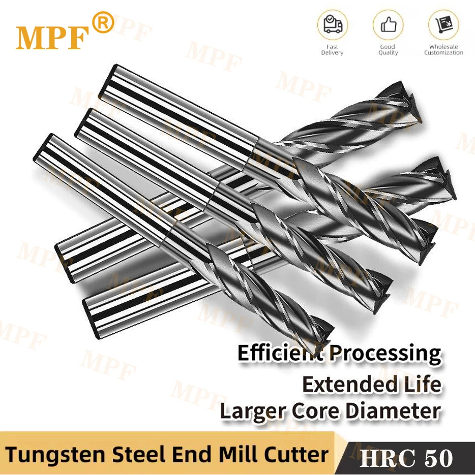 HRC50 Tungsten Steel Milling Cutter, 4-Sided Coated Flat Bottom Milling Cutter, Alloy Gong Cutter, Extended Machining CNC Tools