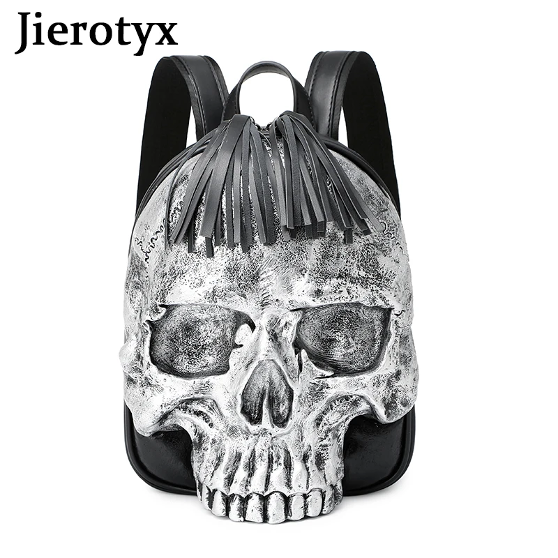 

JIEROTYX Halloween 3D Skull Backpack for Women and Men Tassel Design Travel Bags Female Package Steampunk Shoulder Bags Hip Hop