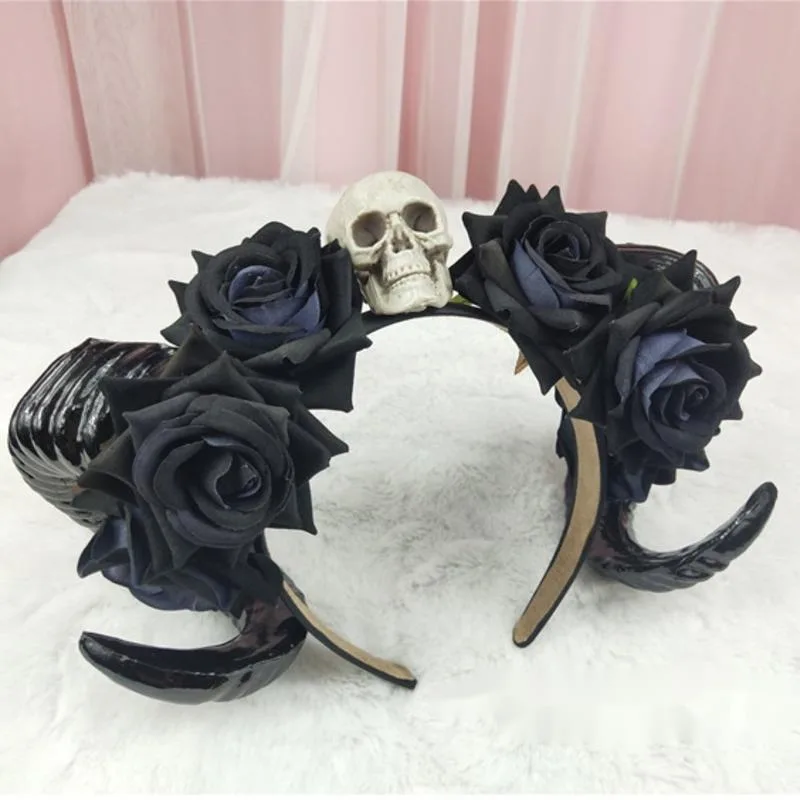 

Обруч для волос с черной рогой и дьяволом, овечьим рогом, Хэллоуин, череп, головной убор с овечьим рогом, потрясающий COS, комикс, заколка для волос для косплея на Хэллоуин