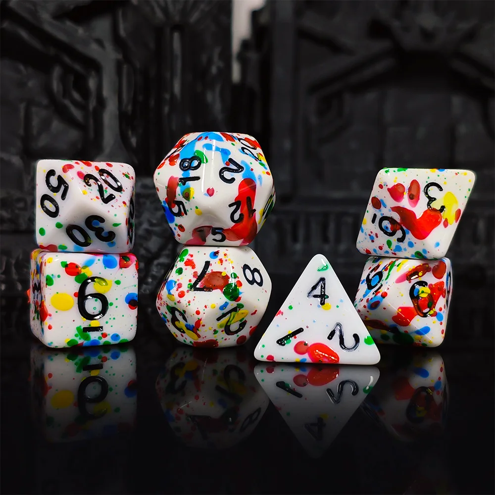 Paint Splatter Dice Set - 7PCS White with Colorful Splash Polyhedral Dice, Perfect for DND RPG & Tabletop Games view 3