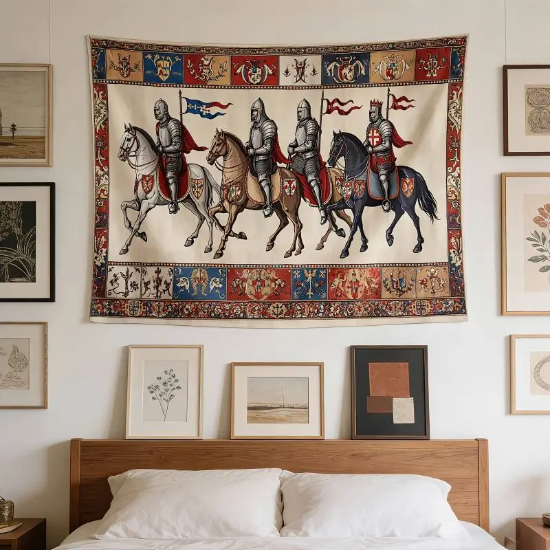 VIKAMA Medieval Knight Tapestry Vintage Crusader Horse Heraldic Wall Hanging Retro Gothic Aesthetic Bedroom Dorm Home Decor