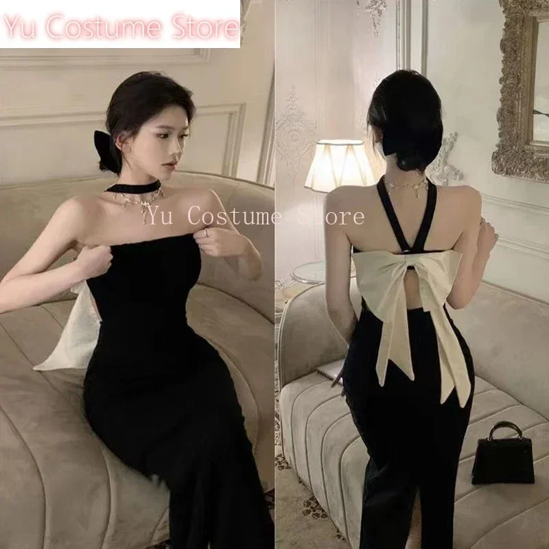 

Dress Women Elegant Summer Midi Bow Design Sleeveless Sexy Backless Ladies Ins 2025 Yu Costume