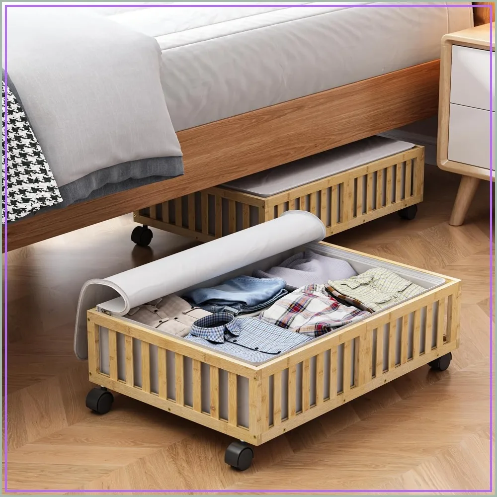 

2 Pack Bamboo Under Bed Storage Bins with Wheels, Rolling Drawers for Shoes, Clothes, Toys