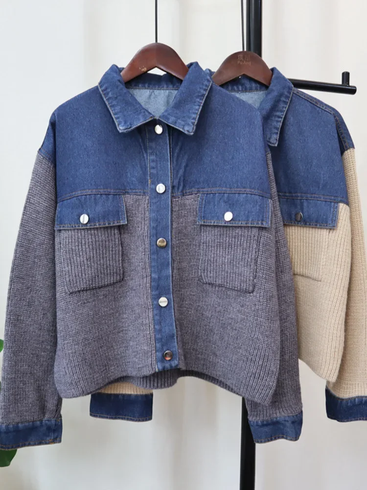 Patchwork Denim Cardigan Laple Neck Long Sleeve Outerwears Single Breasted Ropa Mujer 2024 Woman Cardigans Autumn Sweater