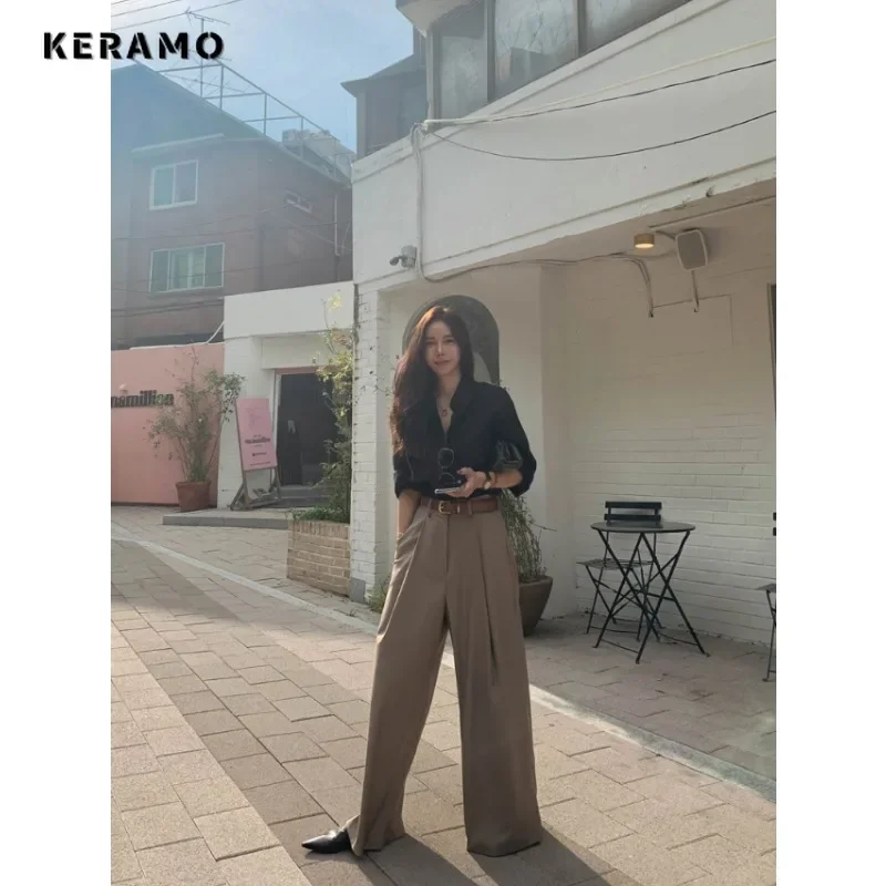 Imagem -05 - Calça Casual de Escritório Feminina Estilo Senhora Monocromática Cintura Alta Extragrande Perna Larga Retrô Calça de Comprimento Total Moda Inverno 2023