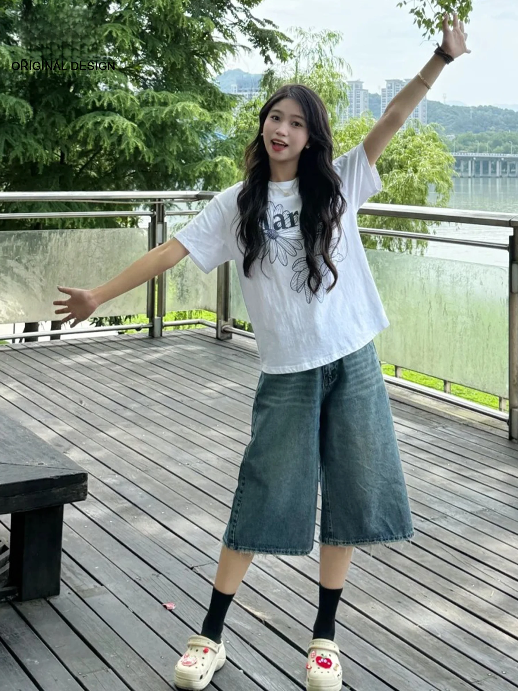 

Retro Blue Design Straight Leg Jeans Women's Loose Slimming Casual High Waist Denim Shorts Spring Summer Fashion Trend