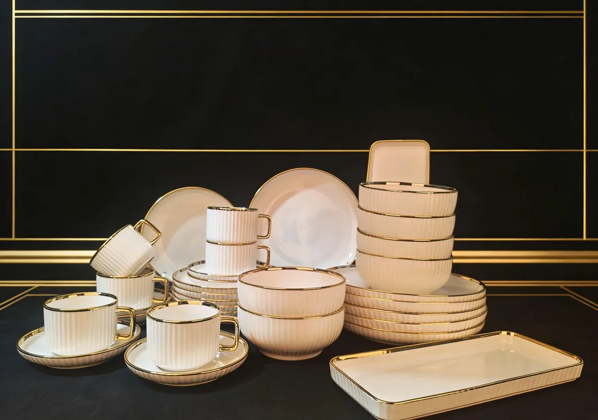 

YFY Nordic light luxury vertical pattern gold ceramic tableware set plates, cups and saucers