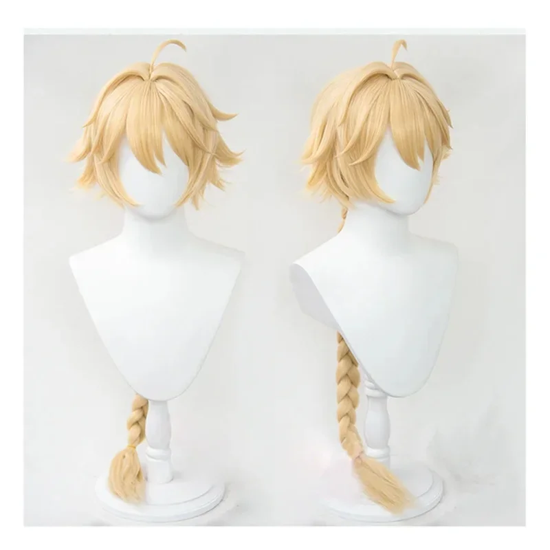 Genshin Impact Traveler Aether Golden Long Braided Heat Resistant Hair Halloween Role Play Cosplay Wigs Wig Cap MN10