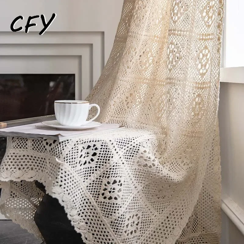 

Retro Beige Bohemia Crochet Knit Hollowing Curtains with Lace for Bedroom Drape Semi-shading Curtains In The Living Room