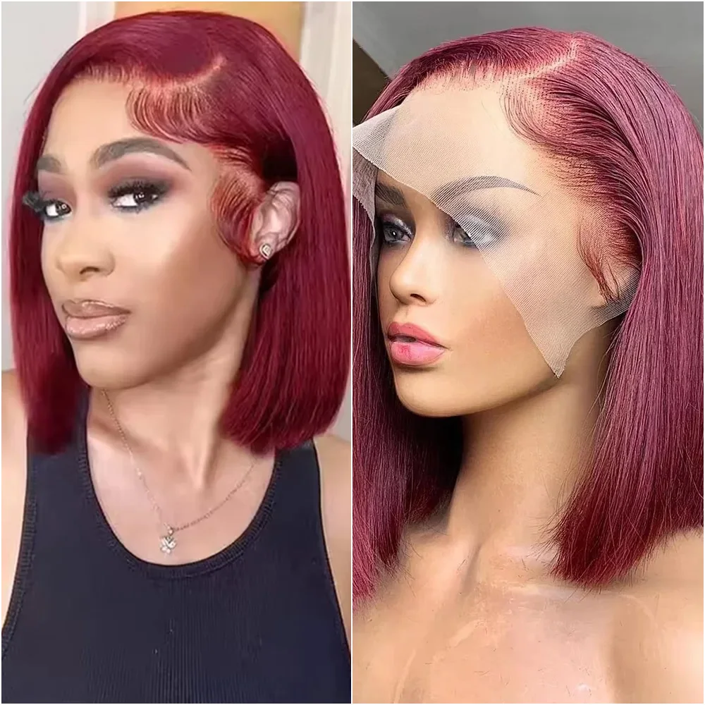 

99J Burgundy Straight Short Bob Human Hair Wig For Women 8-14 Inch Wine Red 13x4 HD Lace Frontal Brazilian Wigs 200 Density
