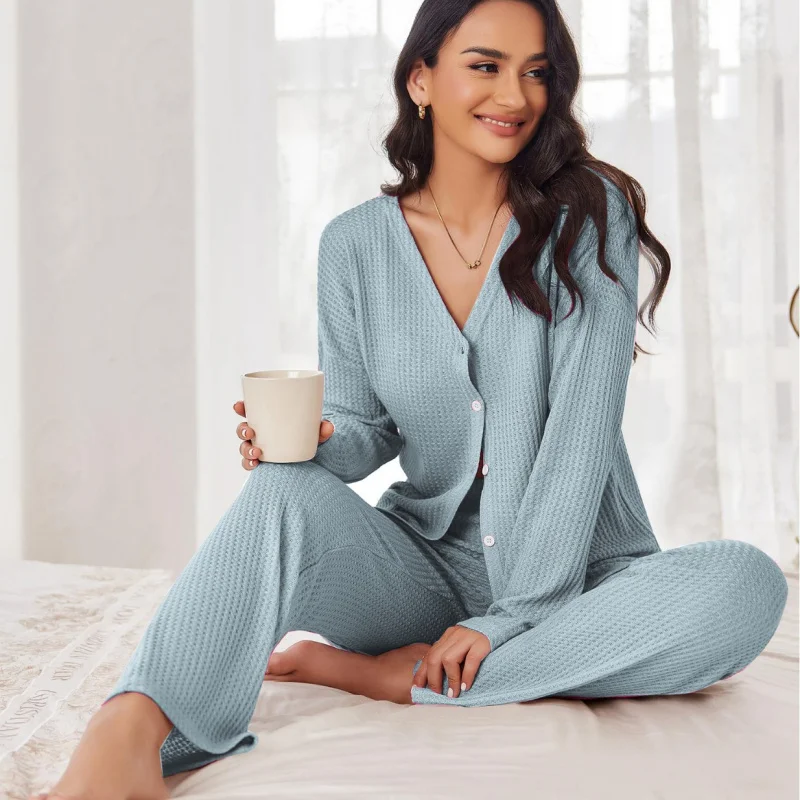

SURI Waffle Pajamas Set Women's Cardigan Sleepwear Casual Long Sleeve Trousers 2 Piece Homewear Suit Women Loungewear Nightwear