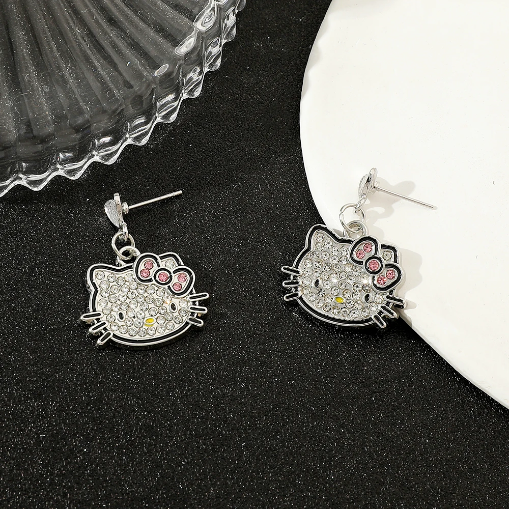 Sanrio Anime Hello Kitty Earrings Fashion Rhinestones Earrings Accessories Cute Cartoon Figure Kitty Earrings for Party Gift