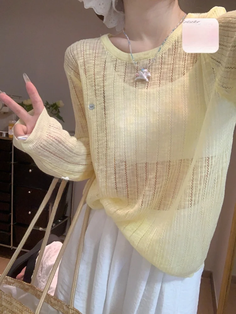 

Женская футболка Miu Sle Yellow Ba с вырезами, вязаная, легкая, свободного кроя, летняя, комфортная, дышащая, топ Pure Desire