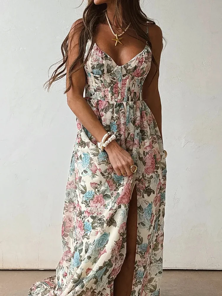 Backless Bandage Patchwork Chic Maxi Dress, Women Summer Spaghetti Strap Simple Party Dress, 2026 Print Sleeveless Ladies Dress