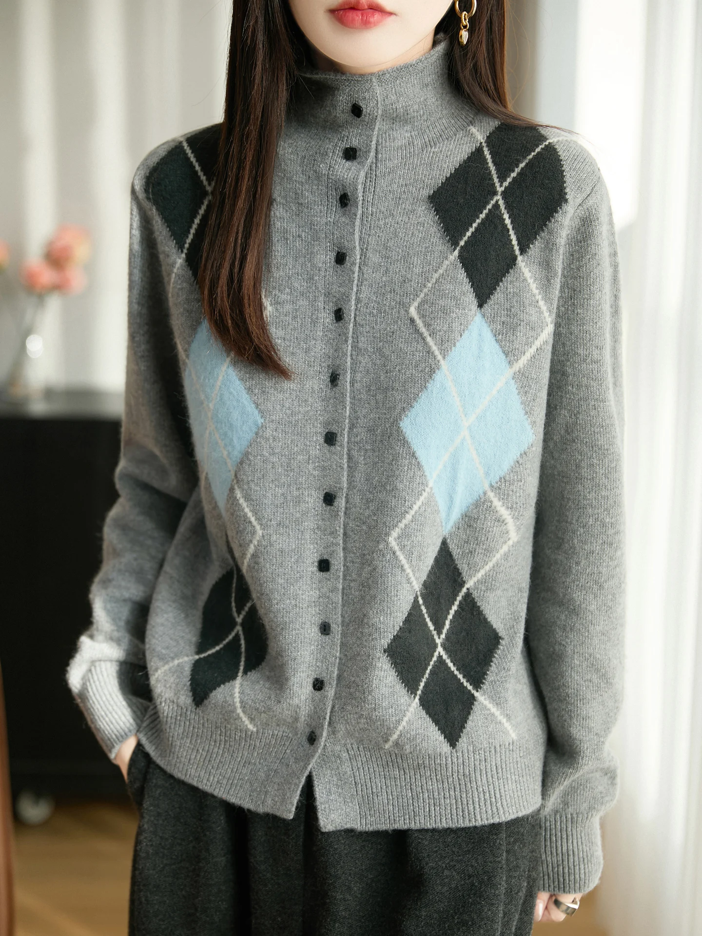 

Classic Woman 30% Merino Wool Sweater Autumn Winter Female Knitted Cardigan Ladies Long Sleeve Clothing Tops Argyle Outerwear