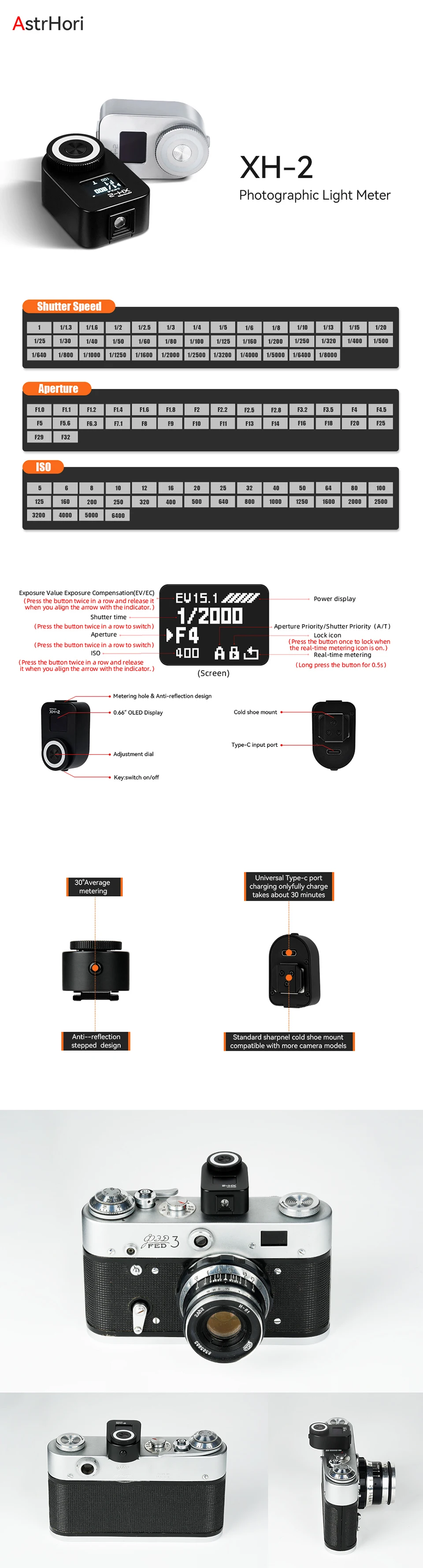 AstrHori XH-2 Lichtmesser mit 0,66-Zoll-OLED-Display und Cold-Shoe-Halterung, misst das reflektierte Licht an 30 Messpunkten durchschnittlich ab. ° für Kameraobjektiv-Zubehör – Detail 1