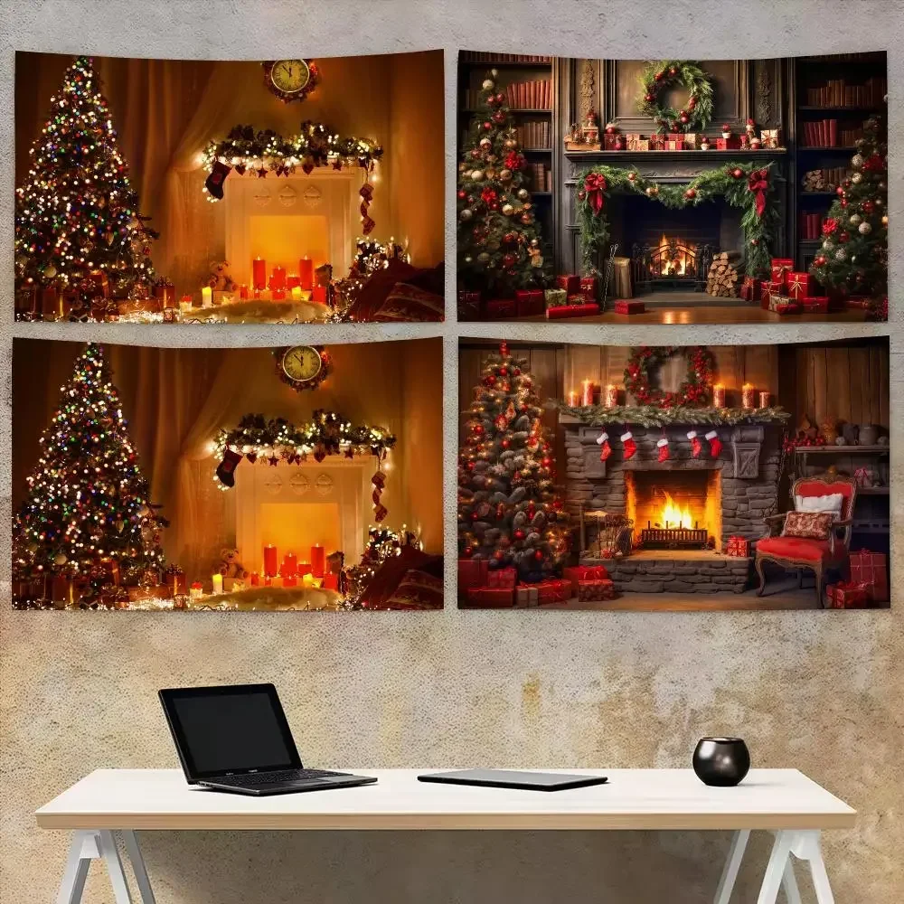 Christmas Fireplace Tapestry Christmas Wall Hanging Tapestry | Soft Fabric Mural Decor for Bedroom & Living Space