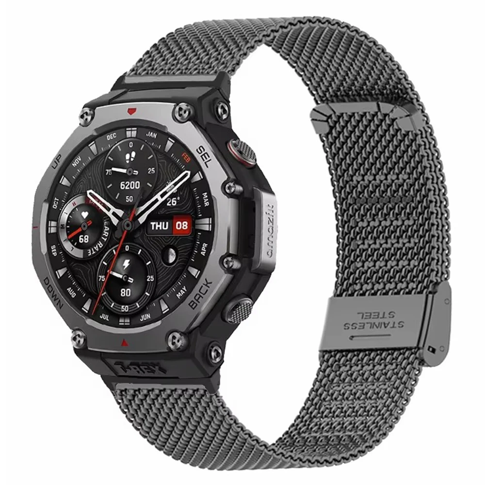 Für Huami Amazfit T-Rex Pro A1918 Uhrenarmband Mesh Edelstahlband mit Schnalle – Schwarz