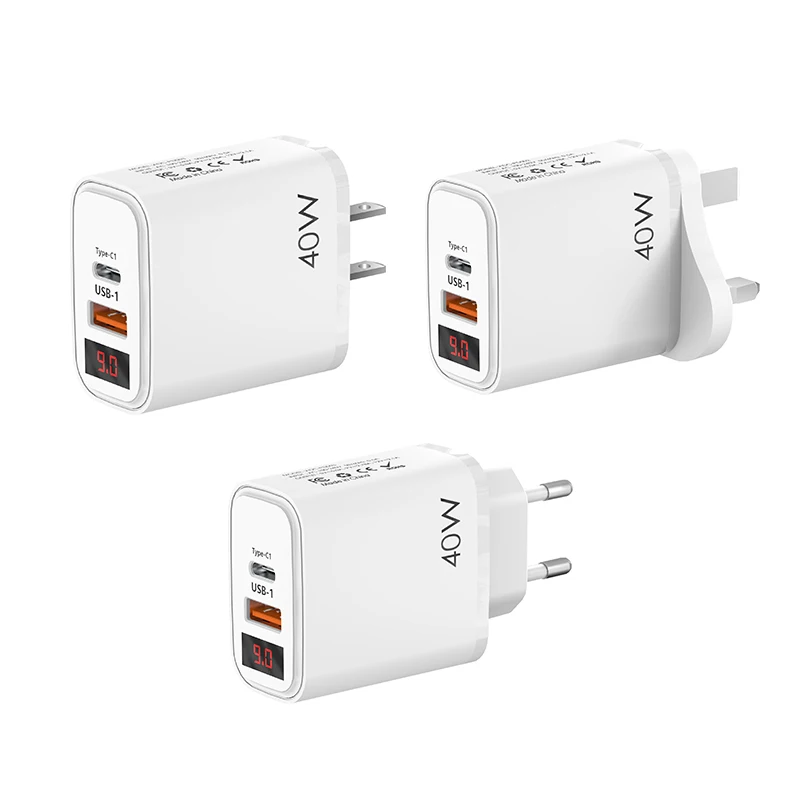 US/EU/UK USB+PD 2 Port Mobile Phone Charger Fast Charging Adapter 40W USB Type C 2 in 1 Cell Phone Fast Charger with LED