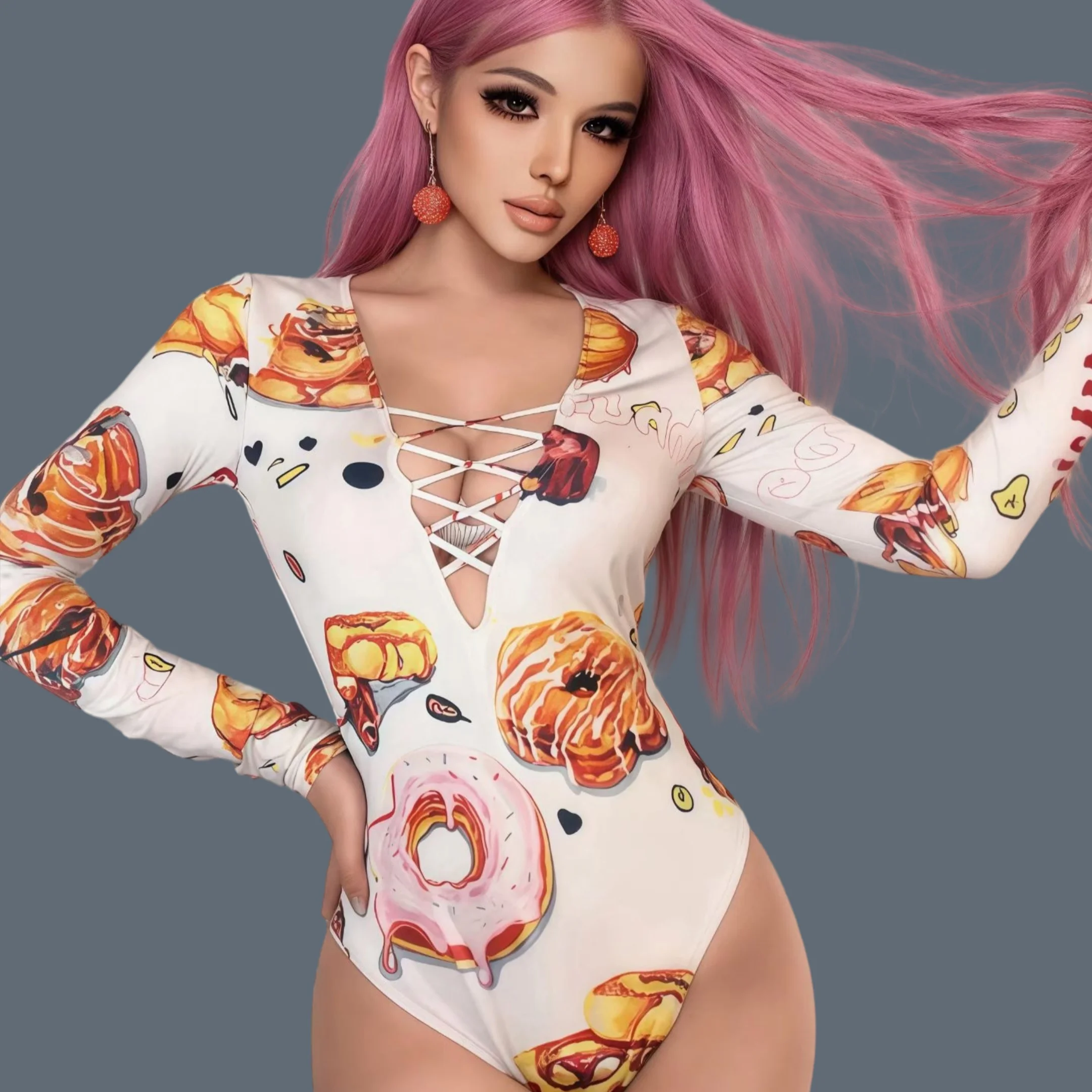 Doughnut Print Spandex Elastic Bodycon Bodysuit Nightclub Party Showgirl Dance Bar Outfit Drag Queen Performer Wear Tiantianquan