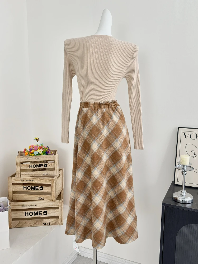 Vestido francés elegante de punto con capa para mujer, falda acampanada de cintura alta, traje de moda coreana, conjunto Retro de 2 piezas, otoño e invierno