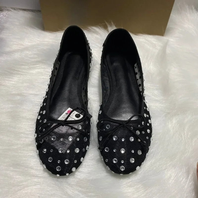 

Сетчатые балетки со стразами для женщин, дышащие дышащие балетки с круглым носком и бантом для отдыха, брендовый дизайн, черные женские туфли Мэри Джейн