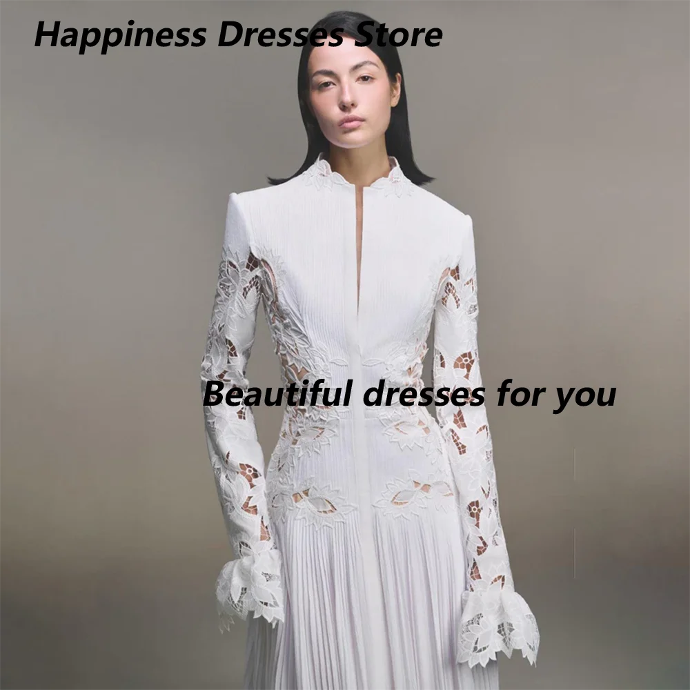 Elegant Long Evening Dress High Neck Long Sleeves Pleat Chiffon A Line Floor Length Party Gown for Weddings Customized image 2