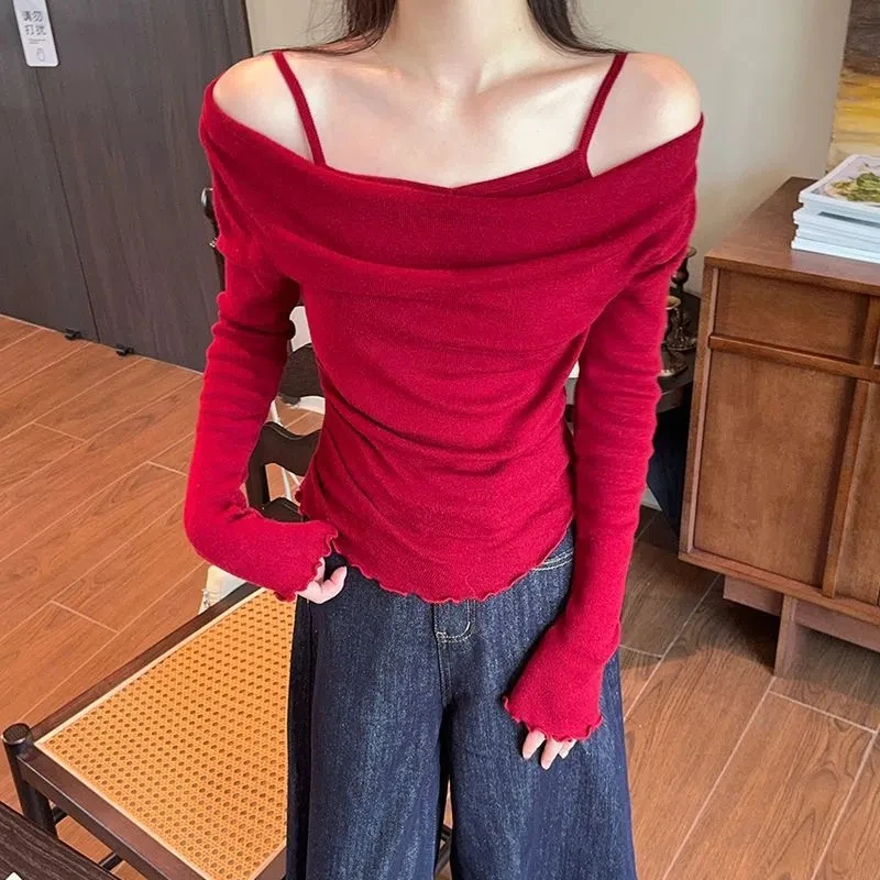 Camisetas de manga larga con cuello oblicuo para mujer, jerséis falsos de dos piezas, Tops Vintage elegantes de algodón puro para primavera y otoño