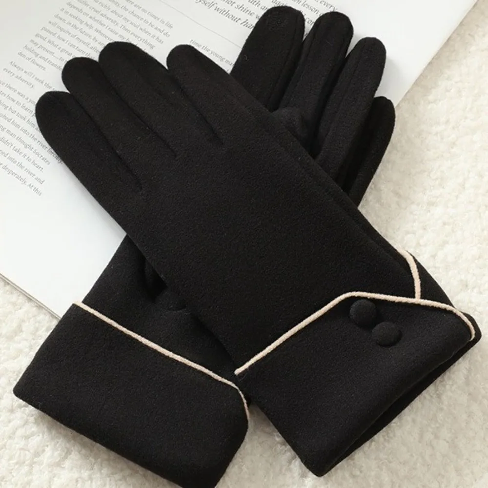 Vintage Thickened Women Suede Gloves Plush Full Finger Touch Screen Gloves Keep Warm Windproof Winter Mittens Sports