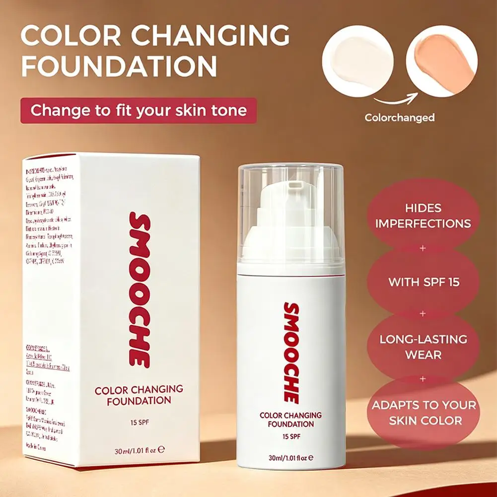 Base de Maquillaje SMOOCHE SPF15 con Cambio de Color, Autoajustable al Tono de Piel, Fórmula Ligera y Nutritiva para un Acabado Mate Natural