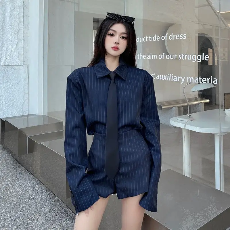 Short Sets Spring And Autumn Striped Long Sleeves Blouse Short Pants Two Piece Sets Womens Outifits Office Lady