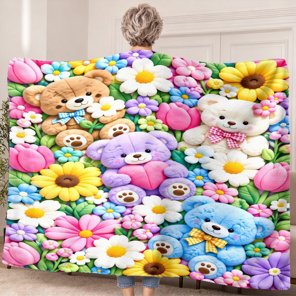 1pc Teddy Bear and Flower Print Wearable Blanket-Soft and comfortable. Great for casual, gift-giving and everyday comfort.