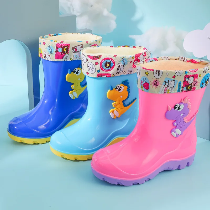 New Children Rain Boots Girls Cute Dinosaur Students Water Shoes Boys Waterproof Anti Slip Rubber Boots Cotton Warm Infant Boots