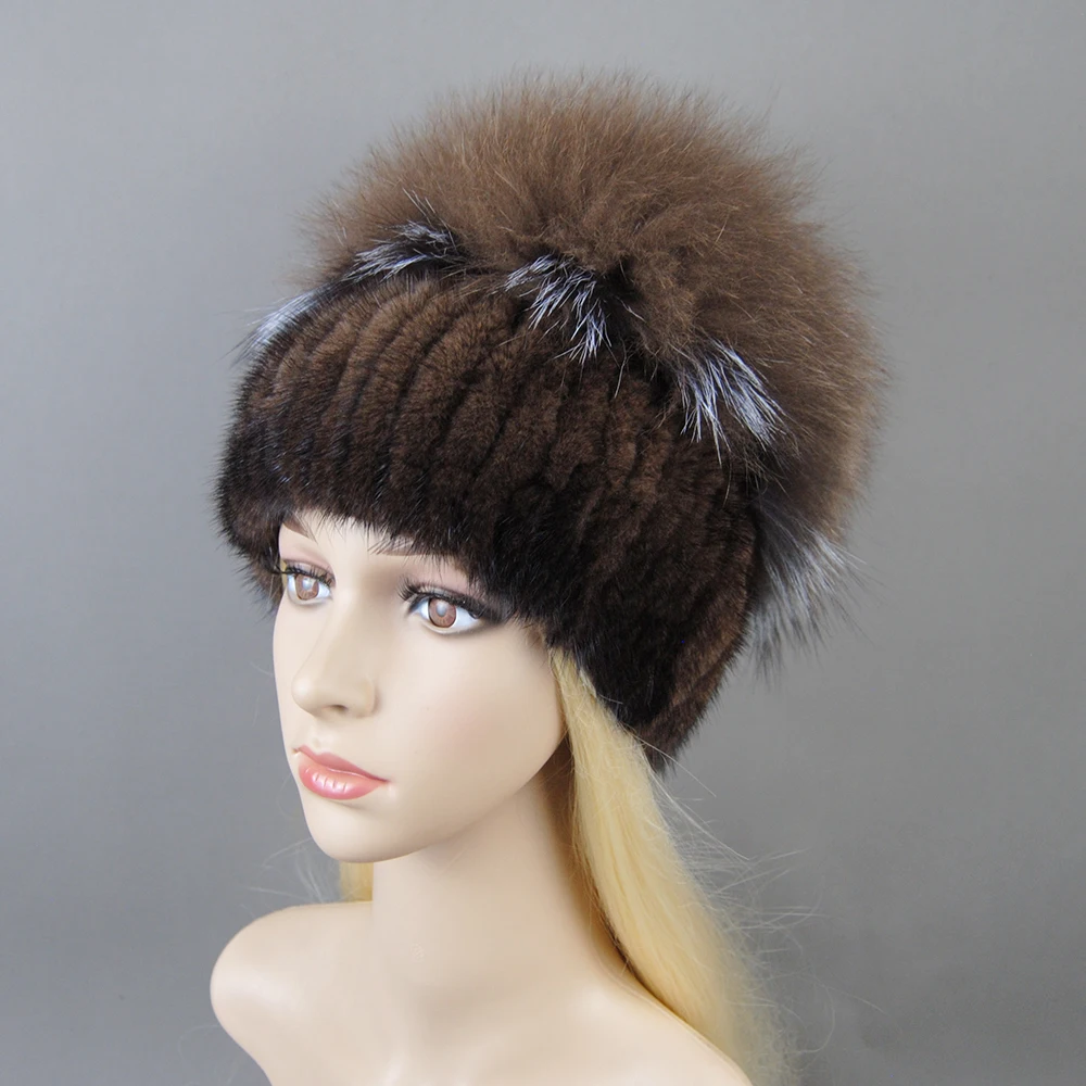 Fashion Real Mink Fur Hat For Winter Women Imported Knitted Mink Cap With Fox Fur New Hot Sale High Quality Women Beanies Hat