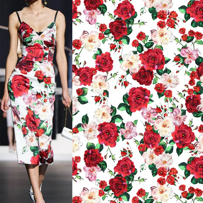 

Красный пион с цветочным принтом из атласа или поплина, хлопчатобумажная ткань для женского летнего платья, блузка, ткань «сделай сам», швейный материал