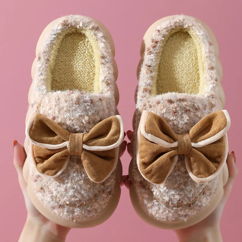 2022 New Winter Cotton Slippers Women Warm Platform Shoes Cute Bow Thick Sole Soft Plush Girls Indoor Home Floor Slides